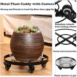 3 Packs Metal Plant Caddy 10.6” Plant Dolly with Wheels Heavy Duty Wrought Iron Rolling Plant Stand with Casters for Indoor and Outdoor Plant Pot Rollers Black, Plastic Saucers Included