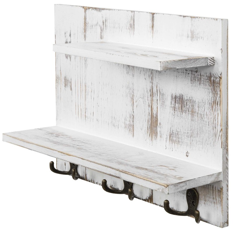MyGift 2 Tier Wall Mounted Shabby White Washed Solid Wood