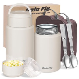 Bolu Fly 2 Pack Soup Thermo for Hot Food for Adults, Insulated Food Jar, Stainless Steel Vacuum Thermal Lunch Box Containers with Carry Bag and Spoon (18.5oz, 27oz) (White)
