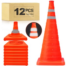 [12 Pack]28 Inch Collapsible Traffic Safety Cones - Parking Cones with Reflective Collars,Orange Safety Cones for Parking lot，Driveway, Driving Training etc.