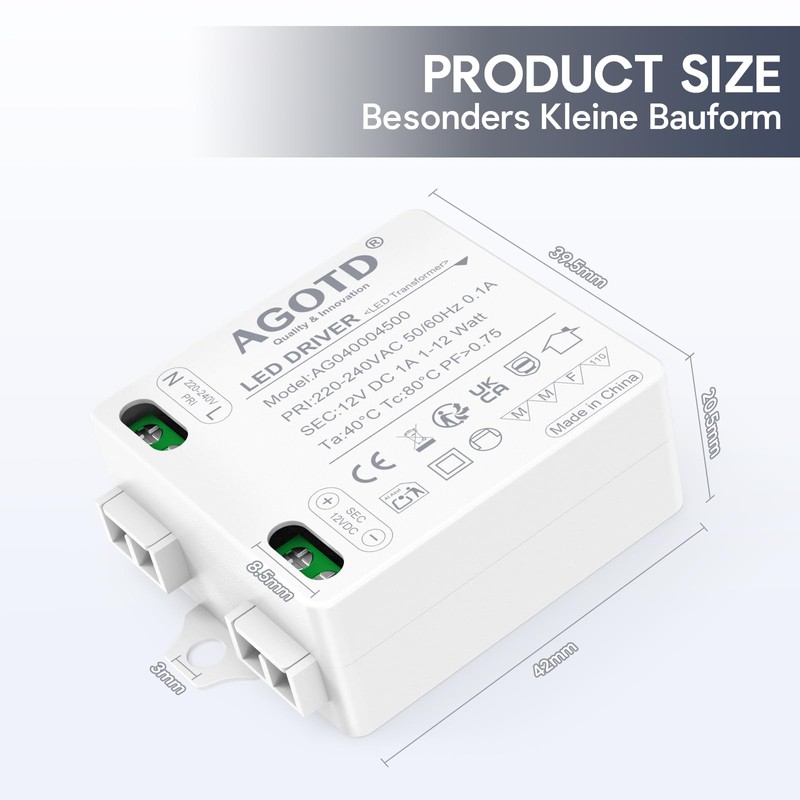 AGOTD LED Transformer 12 V 1 A 12 W Flicker-Free