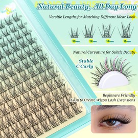 calphdiar Lash Clusters Natural Eyelash Clusters Lashes Extension Wispy Individual Lashes C Curly Cluster Eyelash Extensions 10-16MM Lash Cluster with Soft Thin Band for Beginners DIY Natural Look