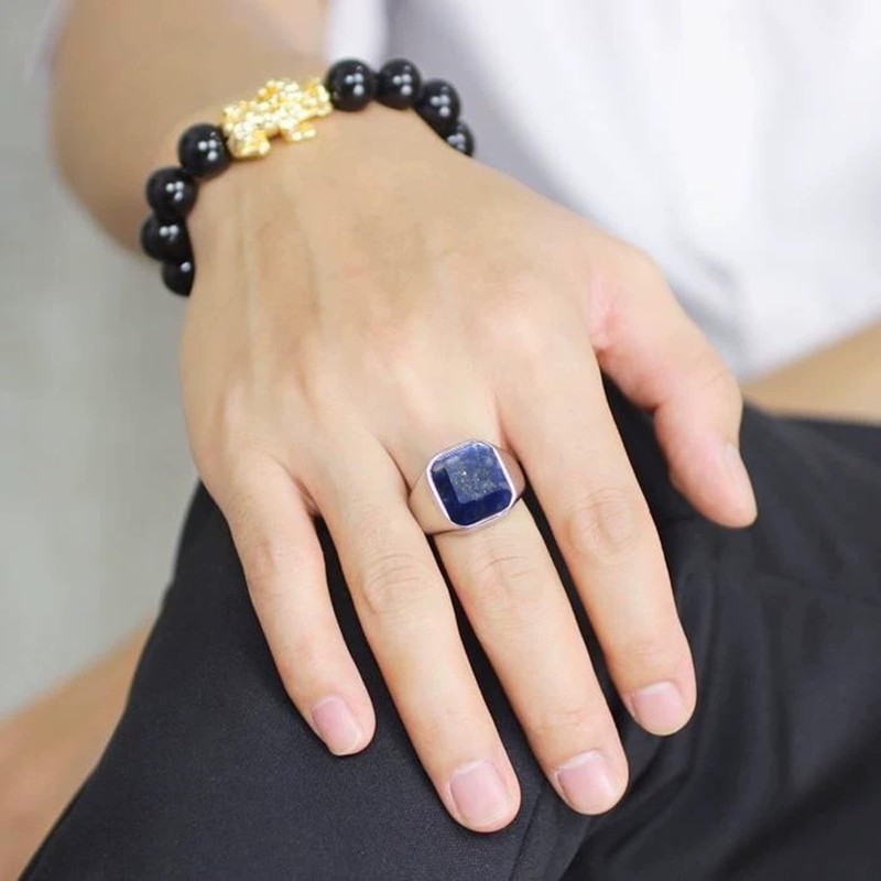 Herren Ring Silber, Edelstahl Männer Ringe 22MM Breiter Siegelring Lapislazuli