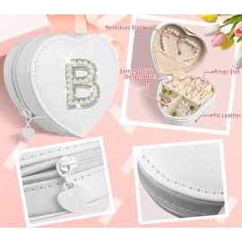 COSHAYSOO Travel Jewelry Case Holder Organizer Small Jewelry Box Initial Pearl Letter Birthday Christmas Gifts for 12 13 14 15 16 17 18 19 Year Old Girl Preppy Accessories Cute Things White Heart B