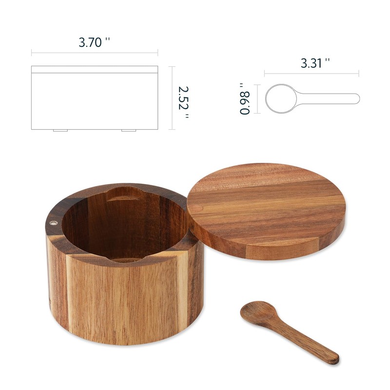 KITCHENDAO Acacia Wood Salt Cellar Bowl Box with Built-in Spoon