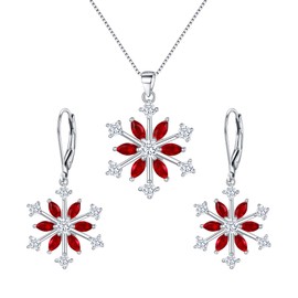 EVER FAITH Women Snowflake Jewerly Set Sterling Silver Winter Accessory Sparkle Red CZ Flower Necklace Leverback Earrings Gifts for Christmas
