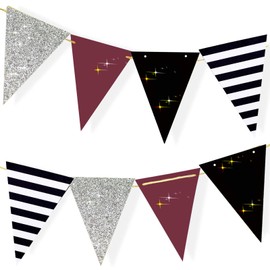 Graduation Decorations Maroon Black/Burgundy Black Graduation Party Decorations 2025/Maroon Birthday Party Decorations/Burgundy Silver Black White Striped Banners 2pcs for Maroon Bridal Shower/Wedding