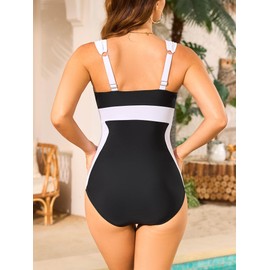 Smismivo Tummy Control Swimsuit Women Slimming Bathing Suit Full Coverage Push Up Swimwear Long Torso Flattering Swimming Suit V Neck Shapewear Swim Suits with Adjustable Straps Black and White L
