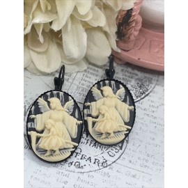 FANCY FOX BOUTIQUE Guardian Angel Perilous Bridge New Birthday Black Setting Enamel Earrings Cameo