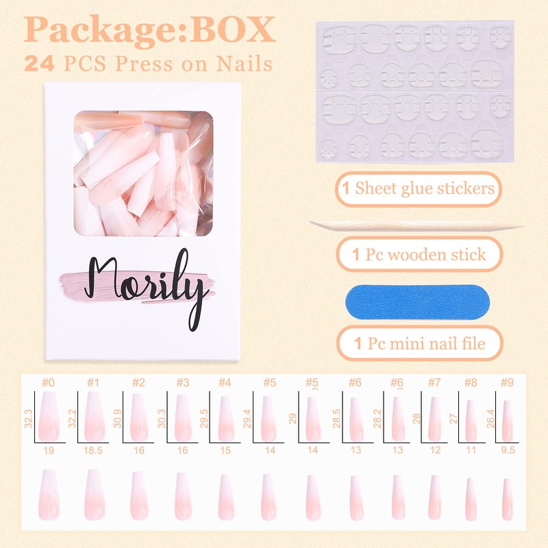 Morily 24pcs Fake Nails Nude White Ombre Ballerina Long Coffin