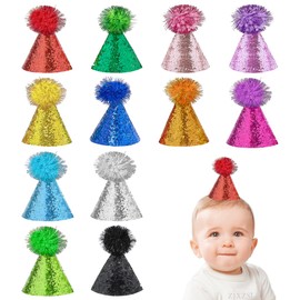 JpGdn 12 Pcs Pack Mini Cone Party Hat with Adjustable Headband Glitter Reusable Happy Birthday Hats Children Birthday Supplies Decorations Pom-pom Party Hats for Little Kids