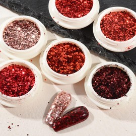 BAIYIYI Red Holographic Nail Glitter 6 Boxes Fall Red Nail Art Sequins Sparking Maroon Red Color Chunky Glitter Sequins Flakes Nail Art Design Manicure Tips Decoration