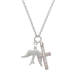 Delight Jewelry Silvertone 3-D Dove Strong and Courageous Engraved Cross Zoey Necklace, 28"