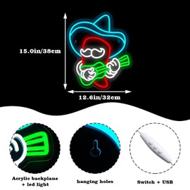 DREAMFORT Cowboy Hat Chili Guitar Neon Sign Anime Pepper Led Neon Signs Neon Bar Signs for Wall Decor USB Light Up Sign Neon Beer Signs for Home Bar Man Cave Party Club Kids Room