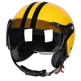 Yesmotor 3/4 Motorcycle Helmets Retro Open Face Vespa Scooters Helmet with Clear Visor for Men and Women- DOT Approved（Yellow Black LINE,M）