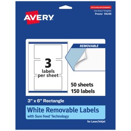 Avery Matte White Removable Rectangle Labels with Sure Feed Technology, Print-to-The-Edge, 3" x 6", 150 Removable Labels, Laser/Inkjet Printable Labels