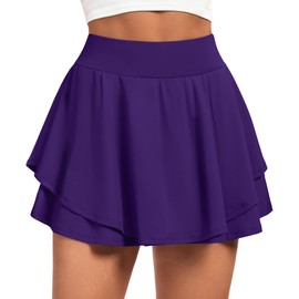 IUGA Tennis Skirt Pleated Skorts for Woman Double Ruffle Golf Skirts for Women Skort with Pockets Tummy Control Athletic Dark Purple