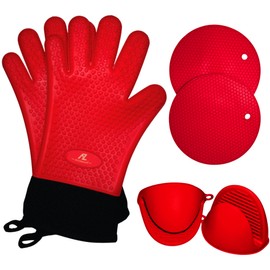 Silicone Smoker Oven Gloves & BBQ Set – Extreme Heat Resistant, Waterproof Oven Mitts, Mini Gloves, Hot Pads & Pot Holders for Cooking, Grilling, Baking, Extra Soft, Superior Value 6 pc Set. (Red)