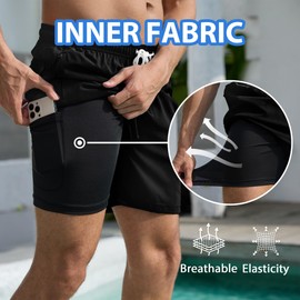 Srnede Mens Swim Trunks Swim Shorts Board Shorts Quick Dry Beach Shorts Swimwear Bathing Suits with Compression Line Black