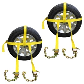 US Cargo Control Side Mount Wheel Net with Cam Buckle,Two Ratchets and Chain Extensions, Easy to Use Wheel Strap for Vehicle Tie Down Applications, Durable Polyester Webbing, 2 Pack