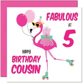 5th Cousin Birthday Card - Fabulous Flamingo - Ladies Womens Pink Cute Cousins Birthday Card for 5 Year old Kids five, fifth