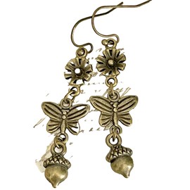 Bronze Flower, Butterfly and Acorn Earrings Nature Fall Jewelry Earrings for Women #3298FE3225