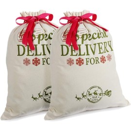 2 Pack Santa Sacks Christmas Canvas Bags Small Medium with Red Drawstring for Xmas Stockings Stuffers Presents Holder & Party Decorations For kids (18.9’’ X 14.4’’)