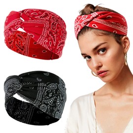 BETESSIN Pack of 2 Boho Hair Band Women's Headband Wide Paisley Headband Summer Elastic Headband with Knot Bohemian Hair Accessories Hair Towels for Yoga Sports Fitness Everyday Use