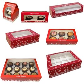LARRYROO Festive Christmas Cupcake/Mince Pie Boxes for 1, 2, 3, 6, 12 Cup Cakes & Removable Inner Trays (5, 6 Cavity Cupcake (Snow Flakes))
