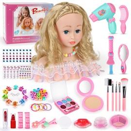 BuzzoXerex Children's Hairdressing Head Set, 58 Pieces Make-Up Head for Girls, Washable, Doll Head for Hairdressing, Children with Hair Accessories and Cosmetics, Birthday, Christmas Gifts for 3 Years