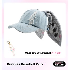 Y2K Woman's Bunny Baseball Cap Cute Hip-hop Long Rabbit Ears Hats with Keychain Blue