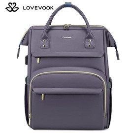 LOVEVOOK Fall Vegan Leather Laptop Backpack with USB Port for Women - College, Business, Work, Teacher, Travel, School Backpack，Back to School:_Grey Purple_15.6" - 16.5"L x 12"H x 7.8"W