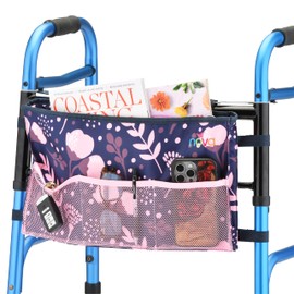 NOVA Walker Bag – Folding Walker Basket Pouch with Zipper & Pockets – Fits Standard, Bariatric & Folding Walkers – Mobility Organizer Tote for Seniors & Adults – Blue/Pink Floral Design