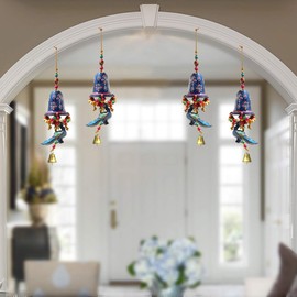 Handicrafts Paradise Door Hanging Blue Painted Bell with Jhalar Blue Peacock with Metal Bell Set of 4