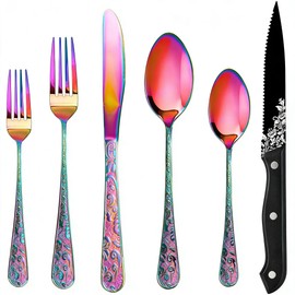 Chuleno 24-Piece Stainless Steel Rainbow Silverware Set for 4, Vintage Floral Carved Flatware Set with Steak Knives, Cutlery Set for Home and Kitchen, Mirror Polished Utensil Set for Gift