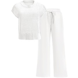 ANRABESS Women Two Piece Outfits Crochet Sheer Knit Sweater Top Wide Leg Pants Lounge Matching Sets Sweatsuit Travel Clothes White Small