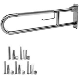 30.3 Inch Toilet Grab Bar, ROYSRHXB Brushed Nickel U Shaped Flip Up Safety Rails with Toilet Paper Holder, Heavy Duty Stainless Steel Grab Bar with Anti Slip Grip for Elderly Seniors