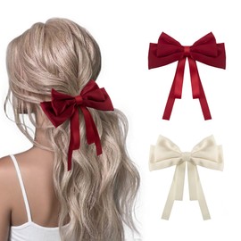 Dalababa 2 Pcs Bow Hair Clips, Solid Color French Barrette with Soft Silky Satin Bow Ribbon, Hair Accessories for Women Girls Party Festival Birthday Wedding(Red, Beige)