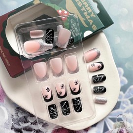 Christmas Press on Nails Snowflake Short Square Fake Nails Black French Tip Press on Nails Snowflake with Design Xmas False Nails Full Cover Winter Glue on nails Xmas Acrylic Nails for Women 24Pcs