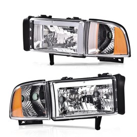 GRAND ORANGE LED DRL Headlights, Compatible with Dodge Ram 1500 2500 3500 1994-2002 Headlamps Clear lens Black Housing Clear Corner Headlamps
