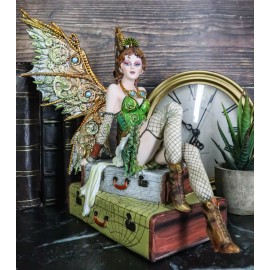 Ebros Gift Steampunk Aviator Fairy Sitting On Suitcases Figurine 9"H Victorian Traveler