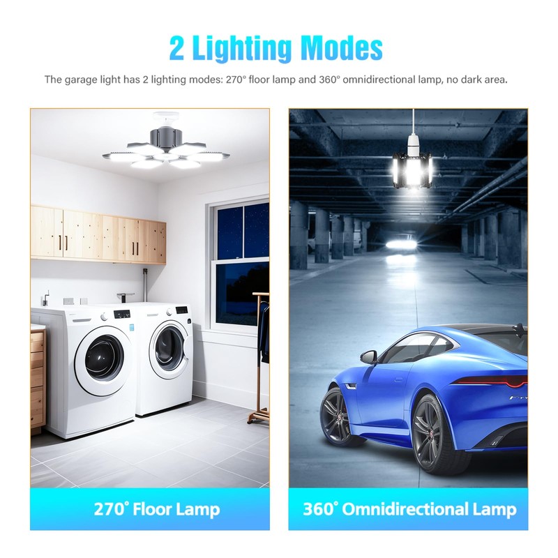 AYSEMO Garage Light Bulb LED 100W with 6 Deformable Panels,