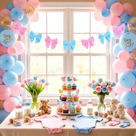 Hotop 6.5ft Pink and Blue Velvet Bow Garland Banner - 7 Large Bows