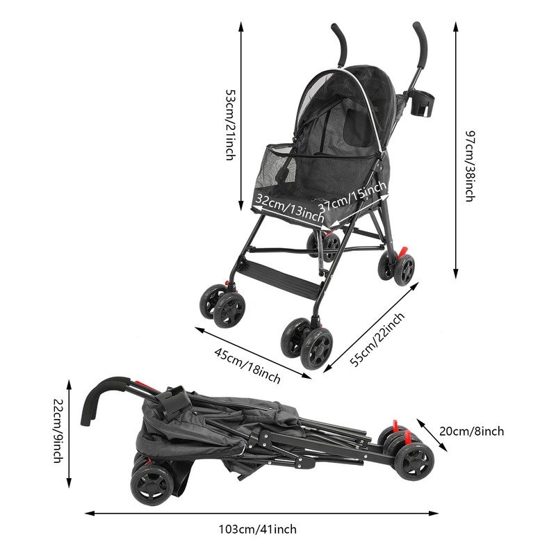Folding Dog Stroller for Cats and Dogs, Zipper Entry Pet