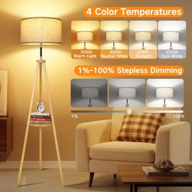 OUTON Wood Tripod Floor Lamp with Shelves, Mid Century LED Modern Dimmable Floor Lamp with Remote Control, Sturdy Tall Standing Lamp with Beige Lamp Shade for Living Room, Bedroom, Office