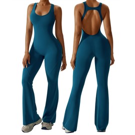 OEAK Womens Flare Jumpsuit Tummy Control Cutout Romper Workout Outfits Sleeveless Unitard Seamless One Piece Backless Bodycon Blue S