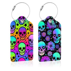 iapodiad 2 Pack Neon Skulls Luggage Tag for Suitcase,Skulls and Flowers PU Leather Suitcase Tags Identifiers with Privacy Name Address Labels and Steel Loop for Women Men Travel