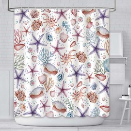 AIBIIN Ocean Coral Shower Curtain Beach Marine Animal Starfish Conch Coral Coastal Bathroom Curtains Durable Polyester Material with 12 Hooks 180x180cm