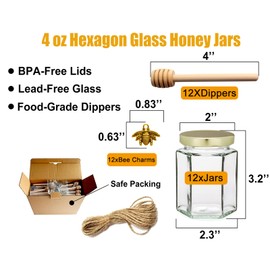 Adabocute 4oz Hexagonal Honey Jars - Glass Honey Jars with Gold Lids, Wooden Dippers, Bee Charms and Jutes - Hexagon Jars for Baby Shower, Wedding and Party Favors, 12 Pack