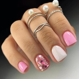 Stick On Nails for Women, Press On Nails Short Long Almond Square Ballet Shape, Glue On Nails with Nail Glue on 24PCS (Pink&White Glitter)